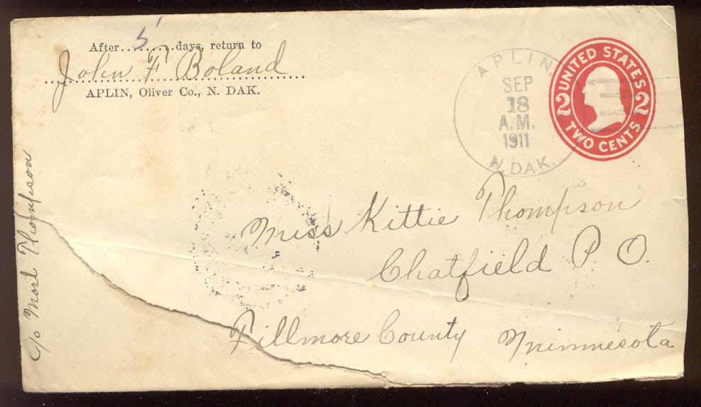 1911 Cover Aplin ND to Chatfield MN Discontinued Post Office DPO 1906 